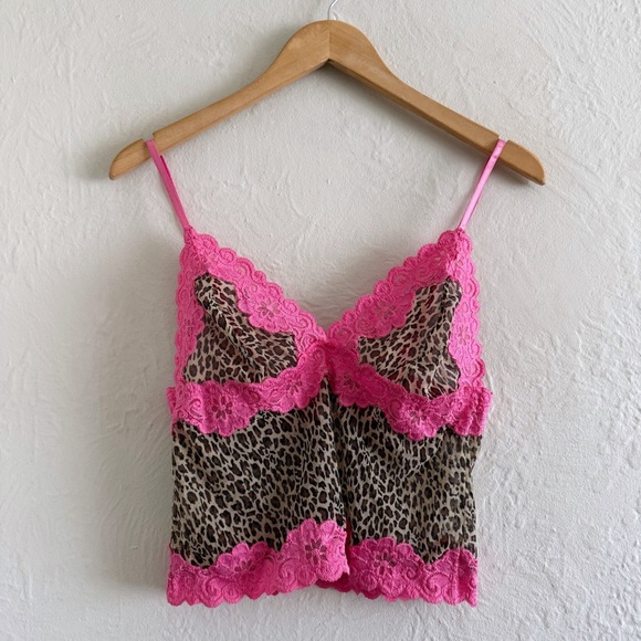 Rampage Tops - SOLD Y2K Rampage Leopard Print Mesh Cami Top With Pink Lace Trim Size L